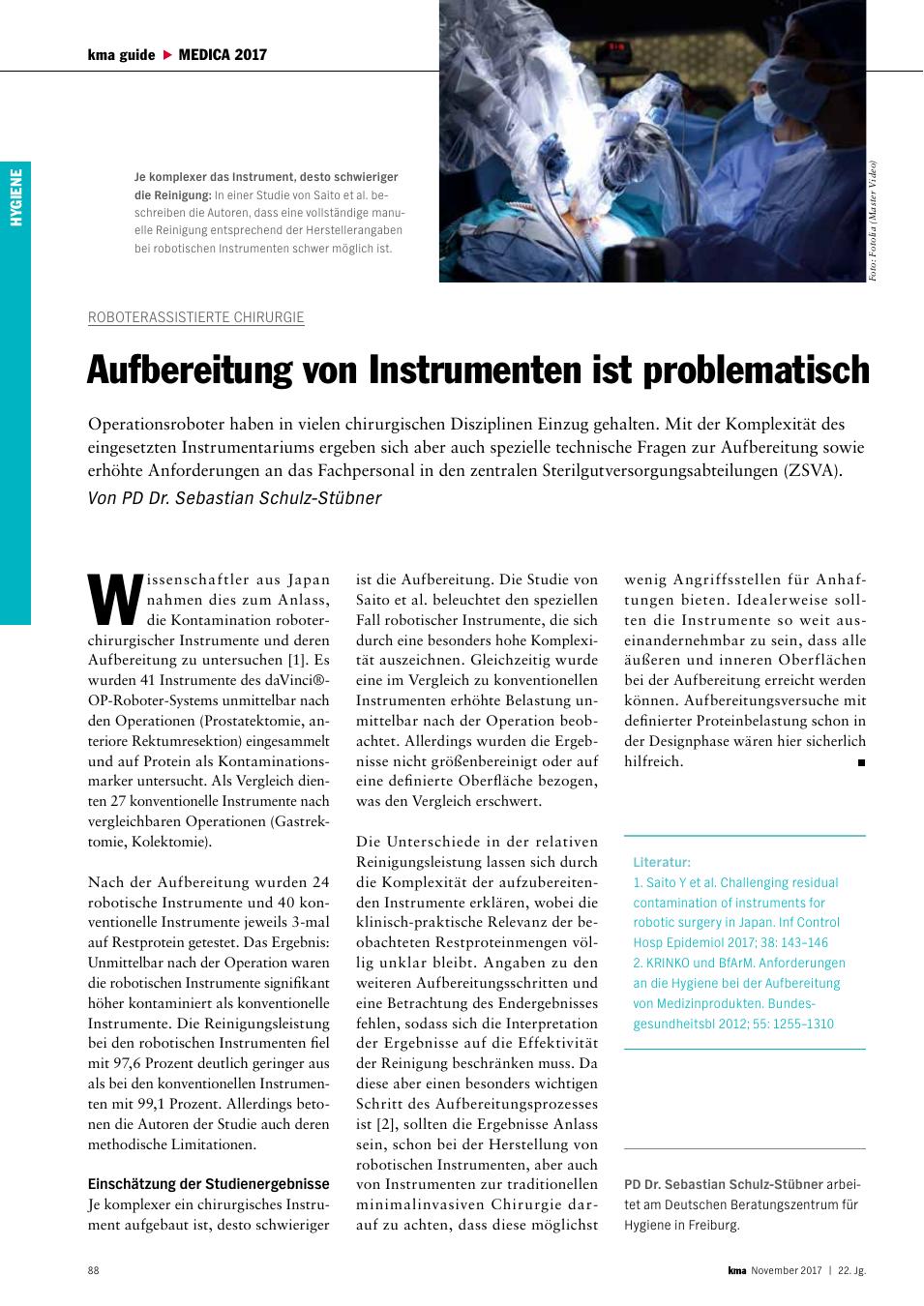 Vorschauseite 1: Roboterassistierte Chirurgie: Aufbereitung von Instrumenten ist problematisch