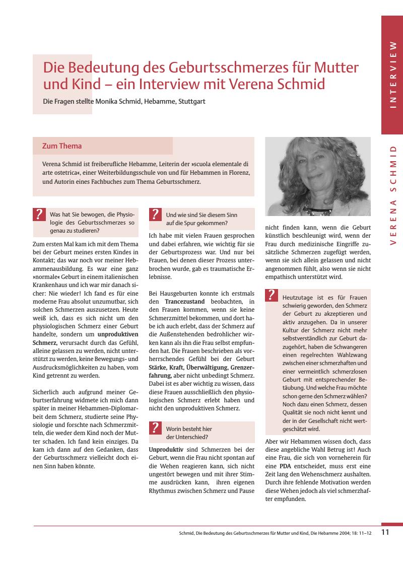 Vorschauseite 1: Die Bedeutung des Geburtsschmerzes für Mutter und Kind – ein Interview mit Verena Schmid