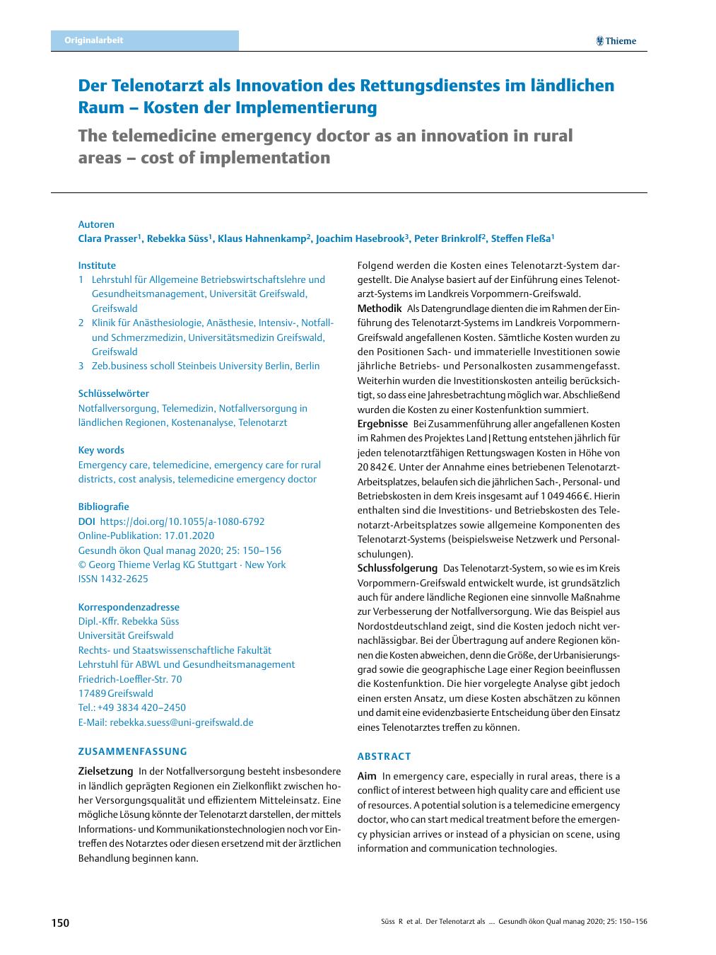 Vorschauseite 1: Der Tele-Notarzt als Innovation des Rettungsdienstes im ländlichen Raum – Kosten der Implementierung