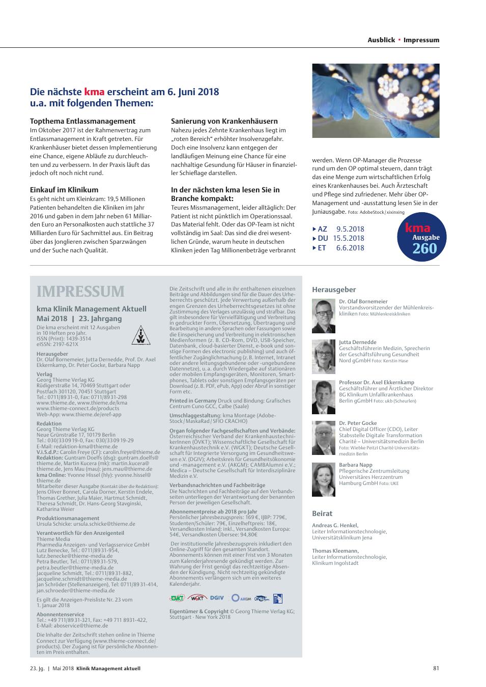 Vorschauseite 1: Die nächste kma Ausgabe erscheint am 6. Juni 2018 u.a. mit folgenden Themen