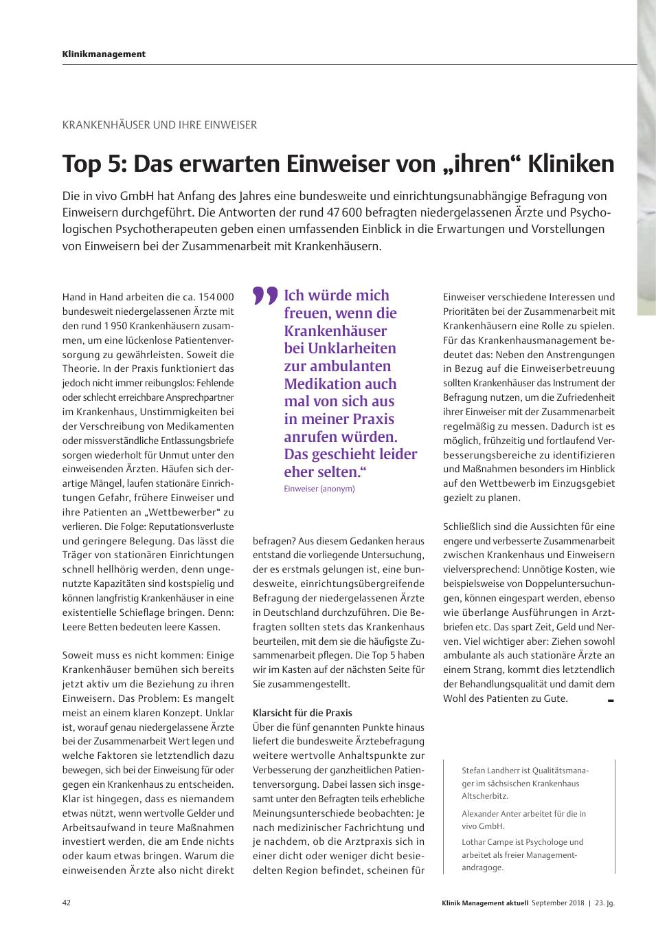 Vorschauseite 1: Krankenhäuser und ihre Einweiser: Top 5: Das erwarten Einweiser von „ihren“ Kliniken