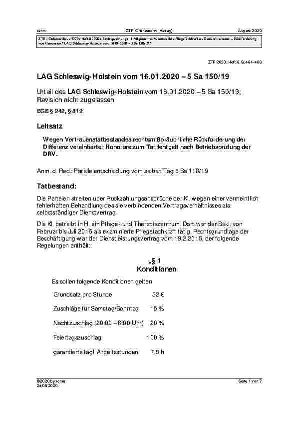 Vorschauseite 1: LAG Schleswig-Holstein vom 16.01.2020 – 5 Sa 150/19 Urteil des LAG Schleswig-Holstein vom 16.01.2020 – 5 Sa 150/19; Revision nicht zugelassen BGB § 242, § 812