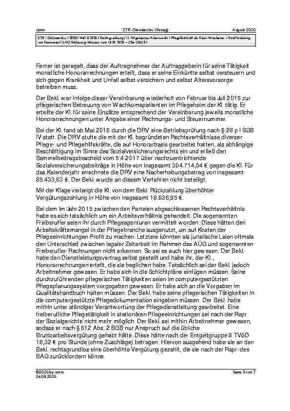 Vorschauseite 3: LAG Schleswig-Holstein vom 16.01.2020 – 5 Sa 150/19 Urteil des LAG Schleswig-Holstein vom 16.01.2020 – 5 Sa 150/19; Revision nicht zugelassen BGB § 242, § 812