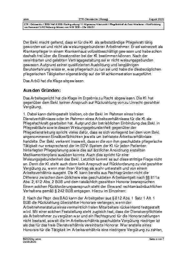Vorschauseite 4: LAG Schleswig-Holstein vom 16.01.2020 – 5 Sa 150/19 Urteil des LAG Schleswig-Holstein vom 16.01.2020 – 5 Sa 150/19; Revision nicht zugelassen BGB § 242, § 812