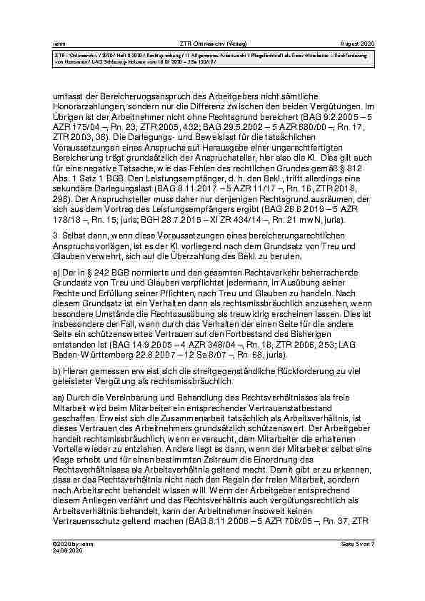 Vorschauseite 5: LAG Schleswig-Holstein vom 16.01.2020 – 5 Sa 150/19 Urteil des LAG Schleswig-Holstein vom 16.01.2020 – 5 Sa 150/19; Revision nicht zugelassen BGB § 242, § 812