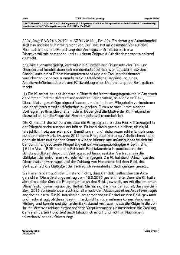 Vorschauseite 6: LAG Schleswig-Holstein vom 16.01.2020 – 5 Sa 150/19 Urteil des LAG Schleswig-Holstein vom 16.01.2020 – 5 Sa 150/19; Revision nicht zugelassen BGB § 242, § 812