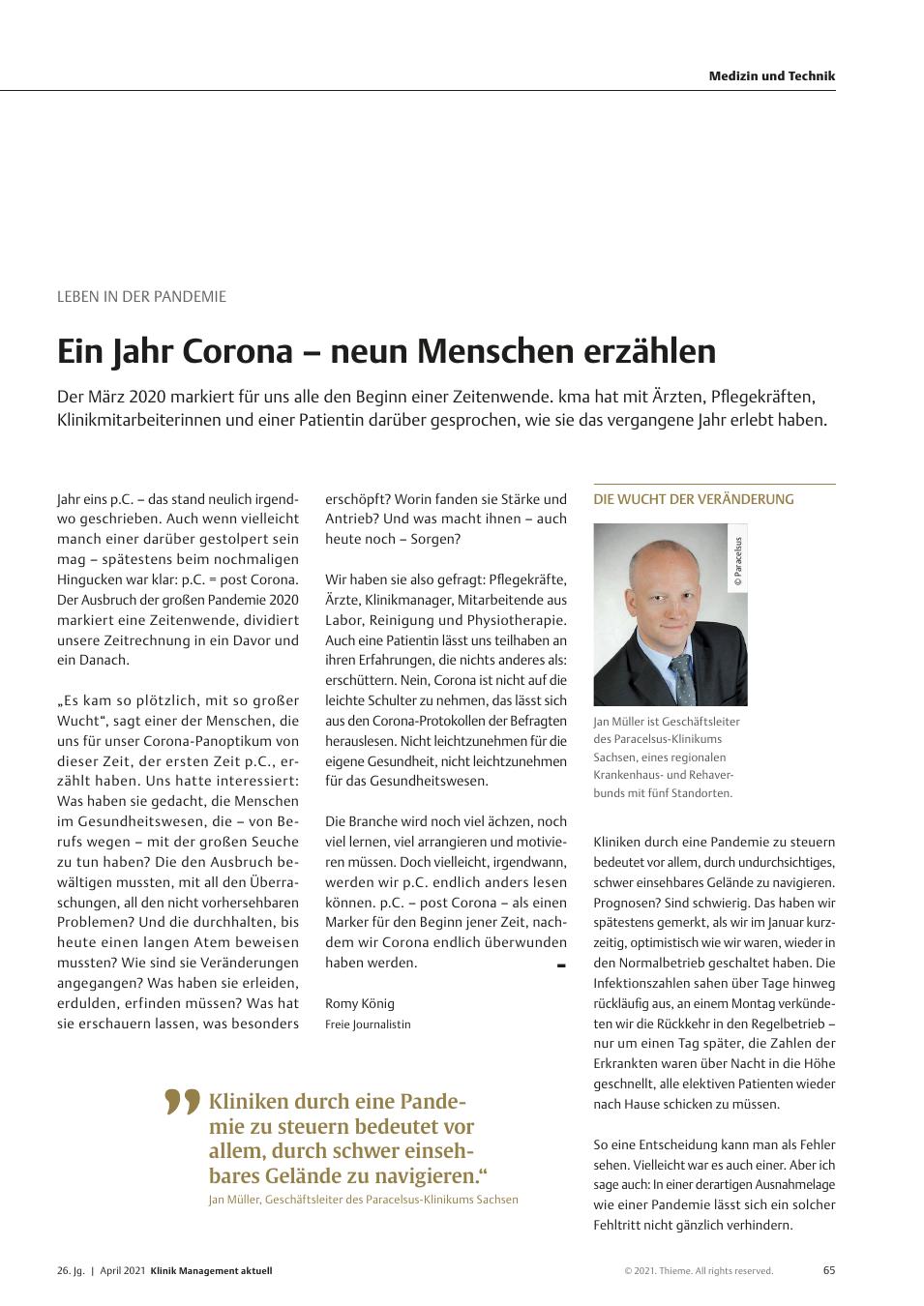 Vorschauseite 1: Leben in der Pandemie: Ein Jahr Corona – neun Menschen erzählen