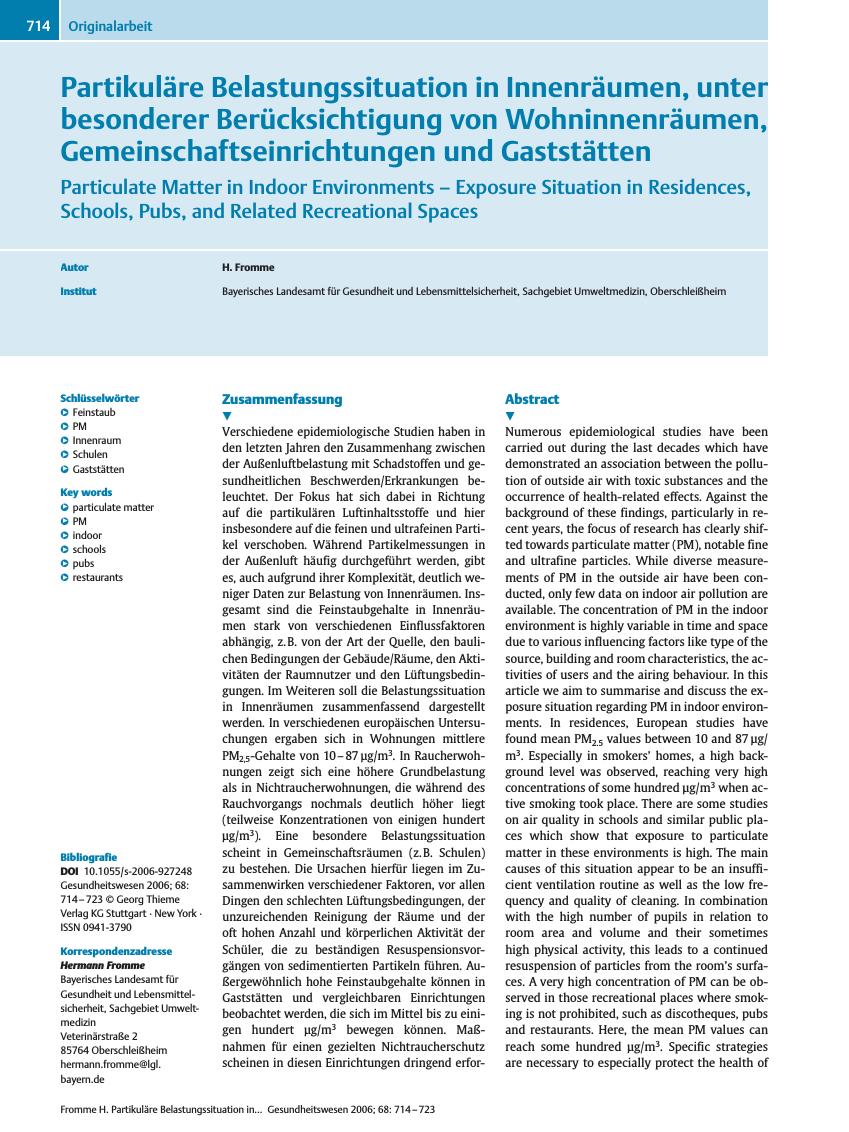 Vorschauseite 1: Partikuläre Belastungssituation in Innenräumen, unter besonderer Berücksichtigung von Wohninnenräumen, Gemeinschaftseinrichtungen und Gaststätten