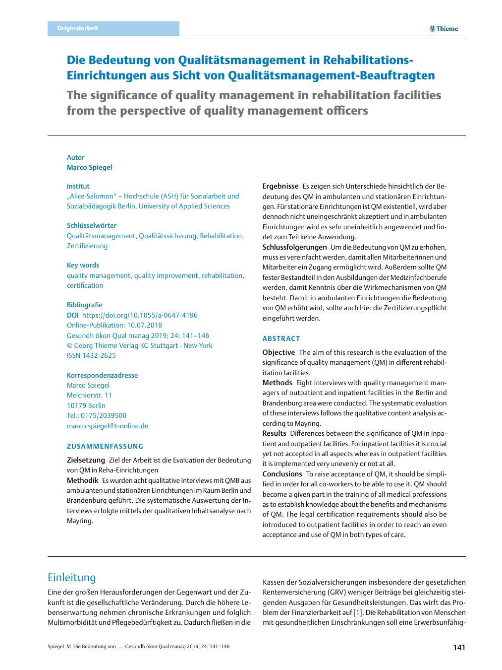 Vorschauseite 1: Die Bedeutung von Qualitätsmanagement in Rehabilitations-Einrichtungen aus Sicht von Qualitätsmanagement-Beauftragten