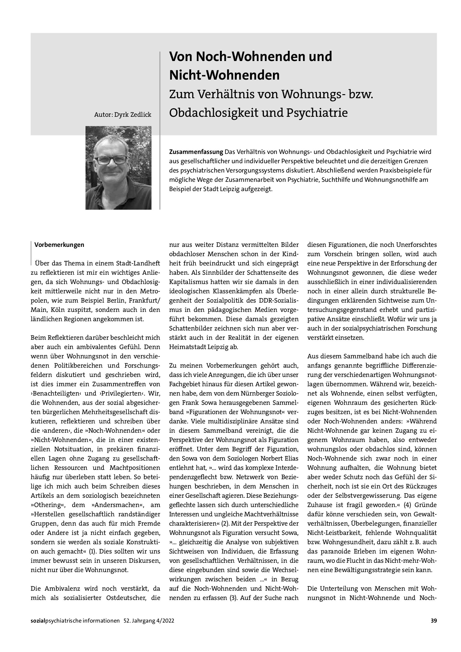 Vorschauseite 1: Von Noch-Wohnenden und Nicht-Wohnenden. Zum Verhältnis von Wohnungs- bzw. Obdachlosigkeit und Psychiatrie