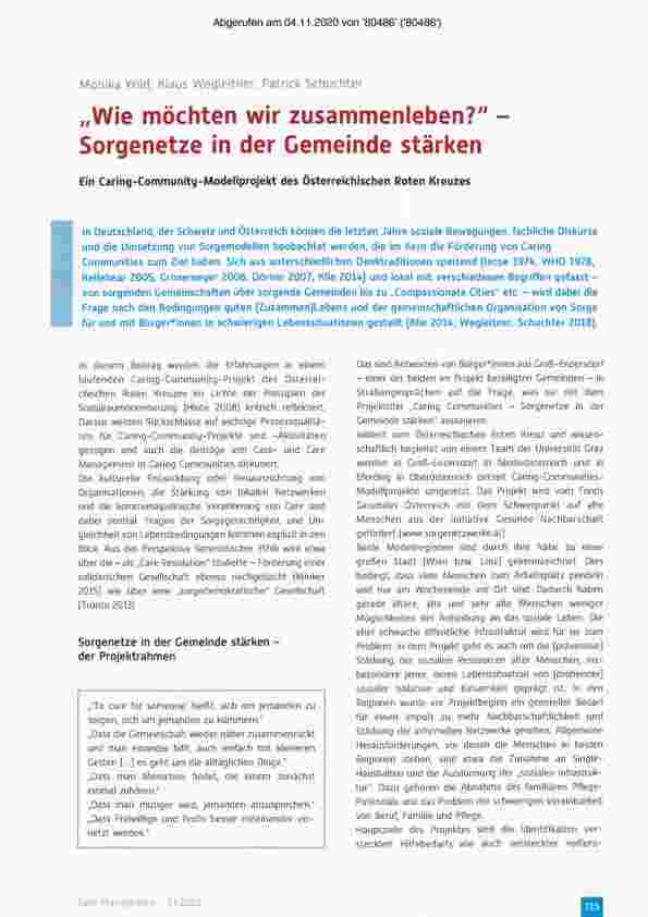 Vorschauseite 1: "Wie möchten wir zusammenleben? " - Sorgenetze in der Gemeinde stärken