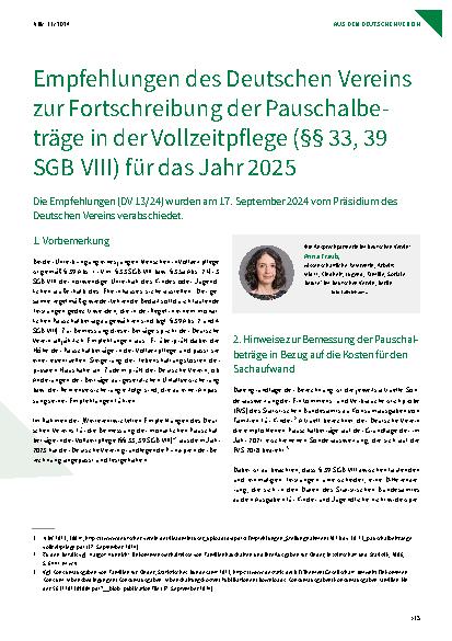 Vorschauseite 1: Empfehlungen des Deutschen Vereins zur Fortschreibung der Pauschalbeträge in der Vollzeitpflege (§§ 33, 39 SGB VIII) für das Jahr 2025