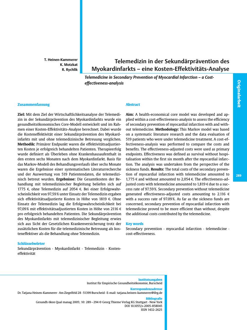 Vorschauseite 1: Telemedizin in der Sekundärprävention des Myokardinfarkts - eine Kosten-Effektivitäts-Analyse