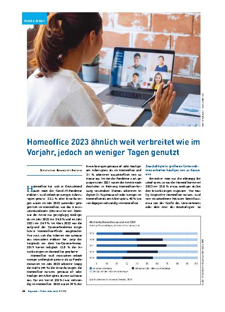 Vorschauseite 1: Homeoffice 2023 ähnlich weit verbreitet wie im Vorjahr, jedoch an weniger Tagen genutzt