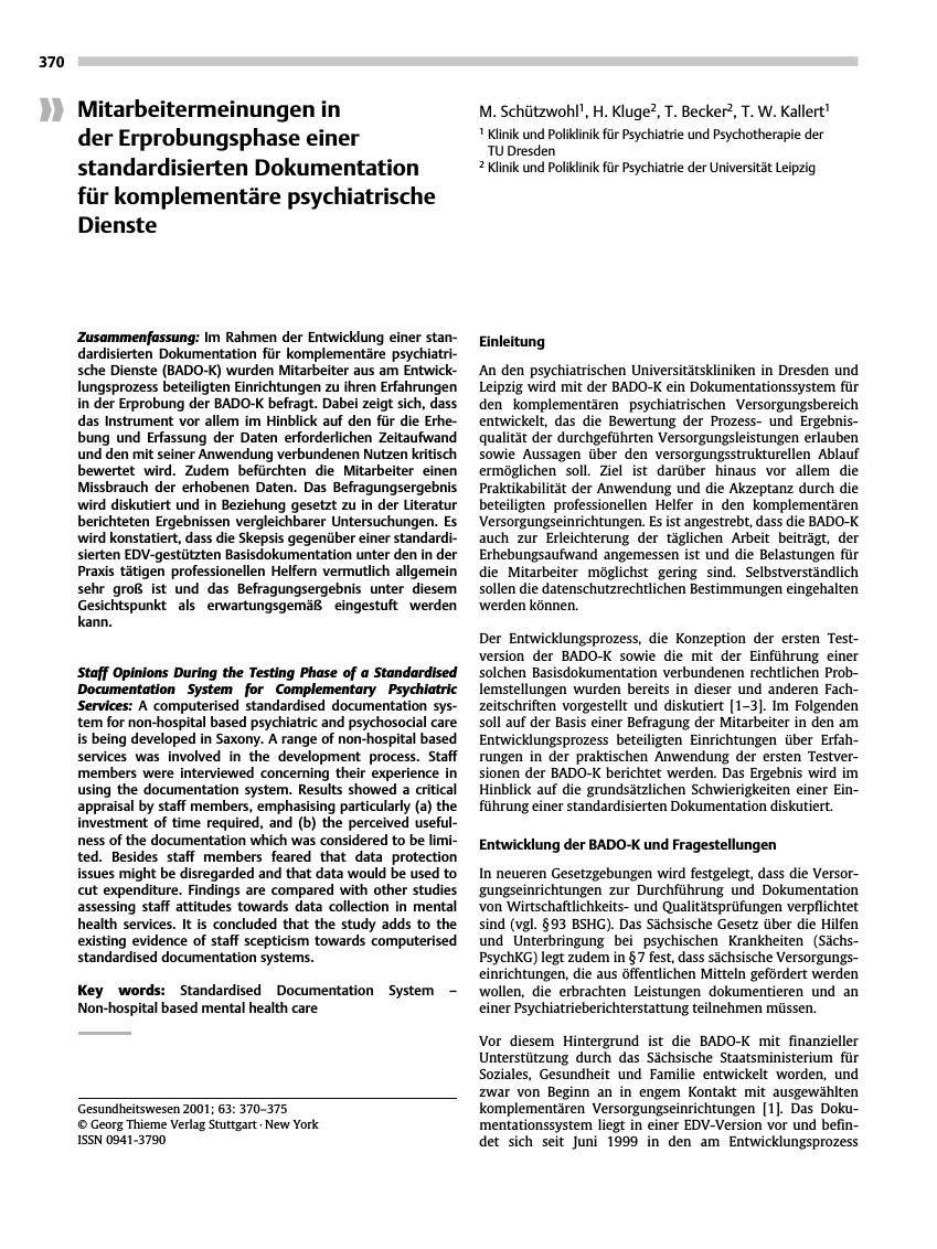 Vorschauseite 1: Mitarbeitermeinungen in der Erprobungsphase einer standardisierten Dokumentation für komplementäre psychiatrische Dienste