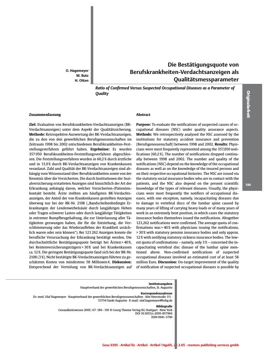 Vorschauseite 1: Die Bestätigungsquote von Berufskrankheiten-Verdachtsanzeigen als Qualitätsmessparameter
