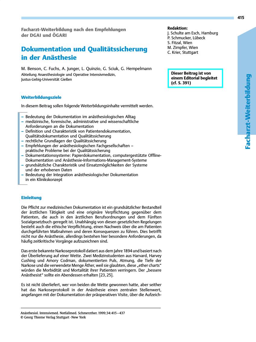 Vorschauseite 1: Dokumentation und Qualitätssicherungin der Anästhesie