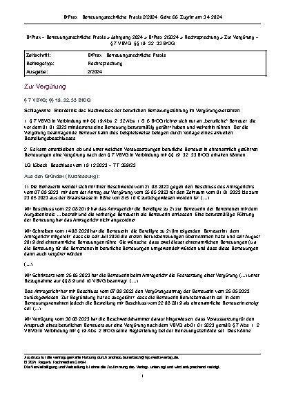 Vorschauseite 1: Zur Vergütung Schlagworte: Erfordernis des Nachweises der beruflichen Betreuungsführung im Vergütungsverfahren
