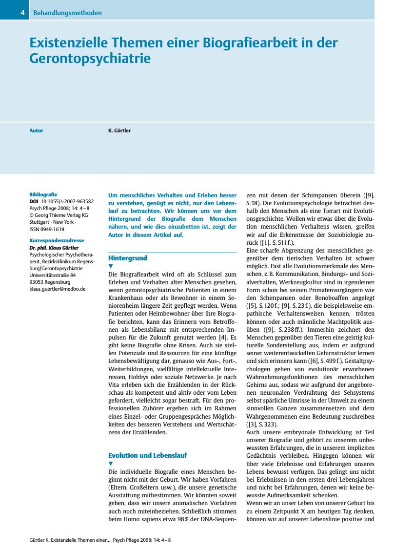 Vorschauseite 1: Existenzielle Themen einer Biografiearbeit in der Gerontopsychiatrie