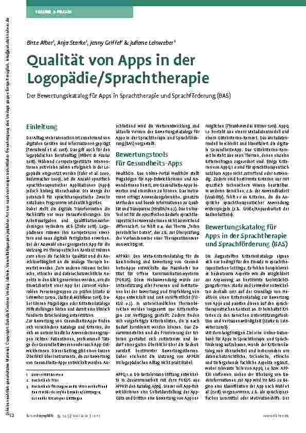 Vorschauseite 1: Qualität von Apps in der Logopädie/Sprachtherapie: Der Bewertungskatalog für Apps in Sprachtherapie und Sprachförderung (BAS)