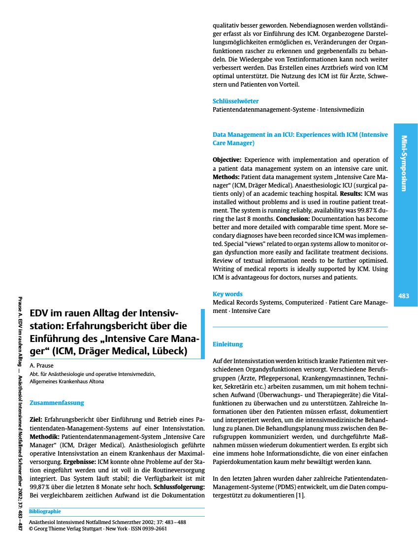 Vorschauseite 1: EDV im rauen Alltag der Intensivstation: Erfahrungsbericht über die Einführung des „Intensive Care Manager” (ICM, Dräger Medical, Lübeck)
