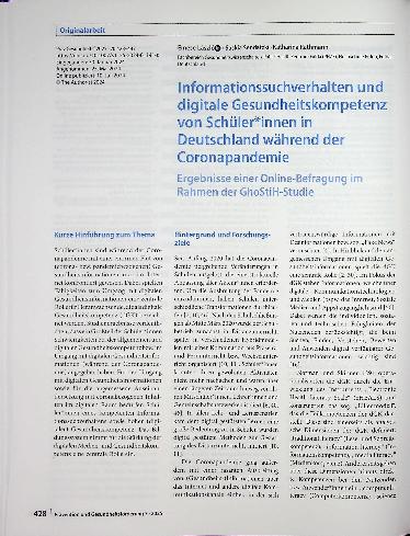Vorschauseite 1: Informationssuchverhalten und digitale Gesundheitskompetenz von Schülerinnen in Deutschland während der Coronapandemie