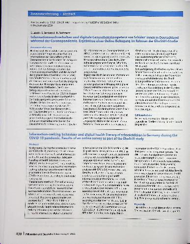 Vorschauseite 3: Informationssuchverhalten und digitale Gesundheitskompetenz von Schülerinnen in Deutschland während der Coronapandemie