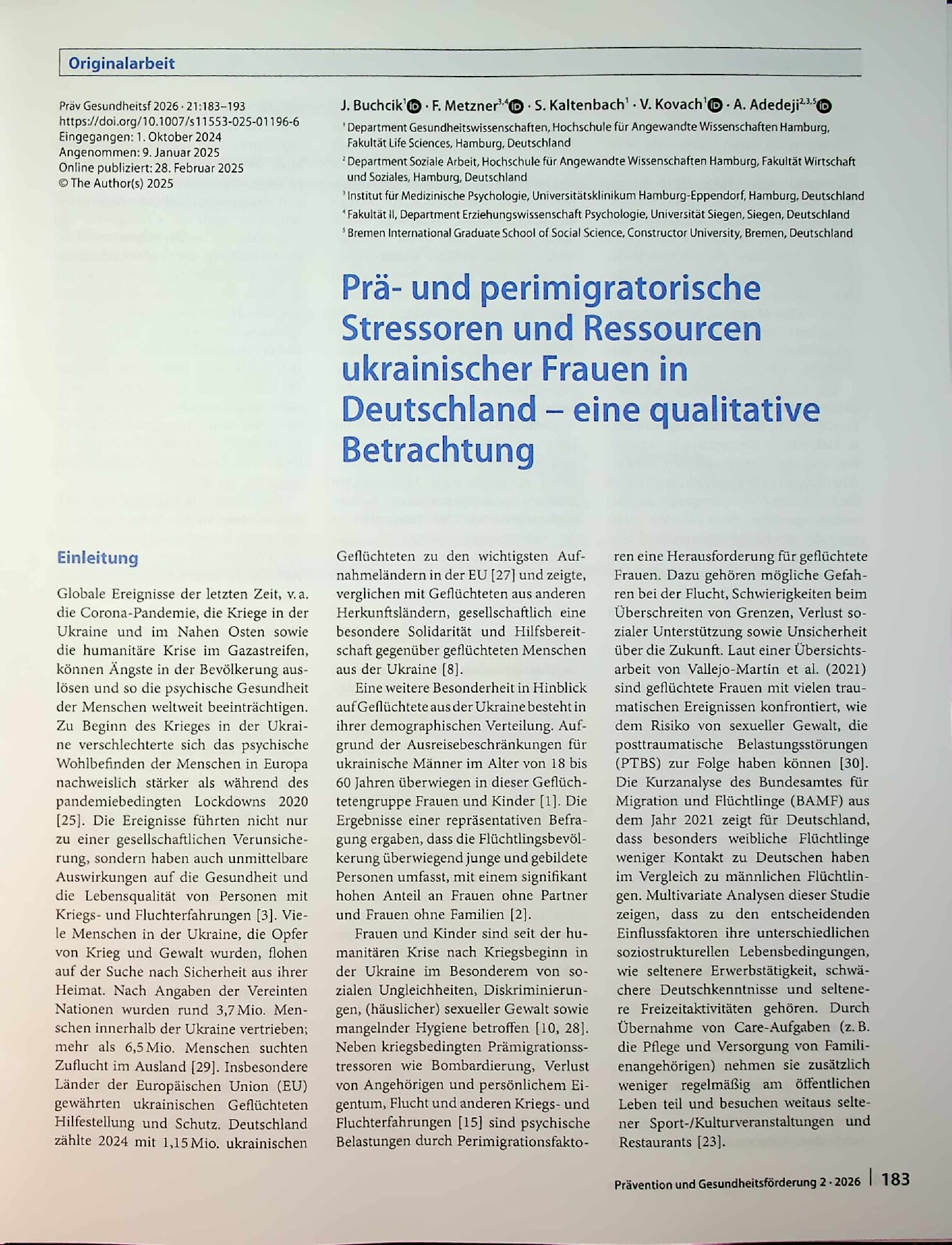 Vorschauseite 1: Prä- und perimigratorische Stressoren und Ressourcen ukrainischer Frauen in Deutschland – eine qualitative Betrachtung