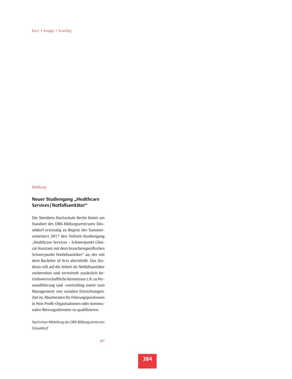 Vorschauseite 1: Meldung - Neuer Studiengang ?Healthcare Services?/?Notfallsanitäter?