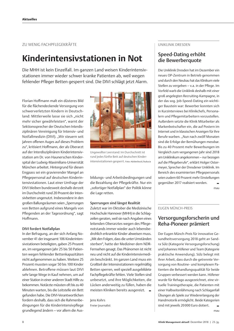 Vorschauseite 1: Eugen Münch-Preis: Versorgungsforscherin und Reha-Pioneer prämiert
