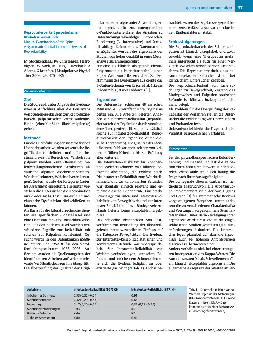 Vorschauseite 1: Reproduzierbarkeit palpatorischer Wirbelsäulenbefunde