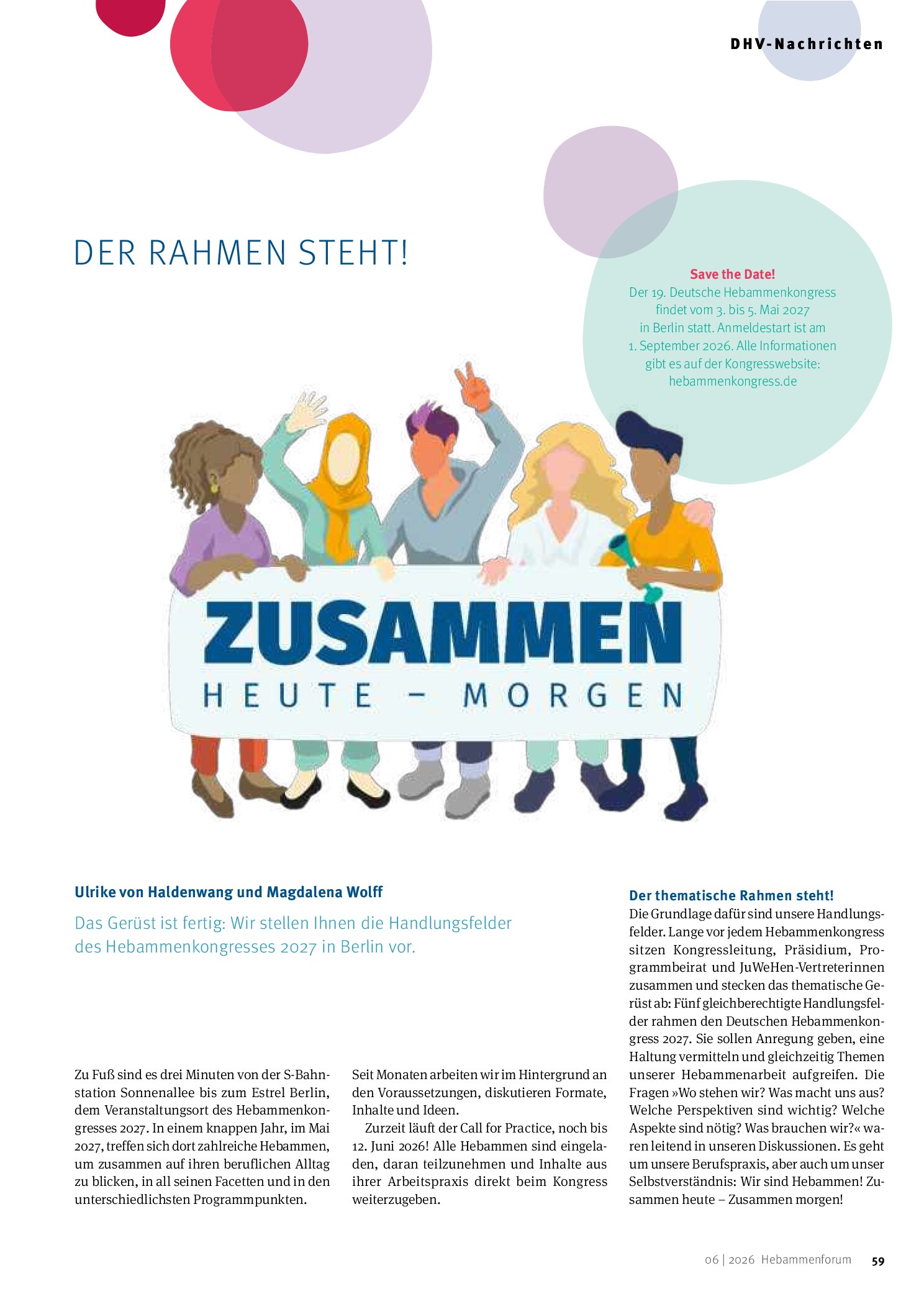 Vorschauseite 1: Der Rahmen steht! Save the Date! Der 19. Deutsche Hebammenkongress findet vom 3. bis 5. Mai 2027 in Berlin statt.