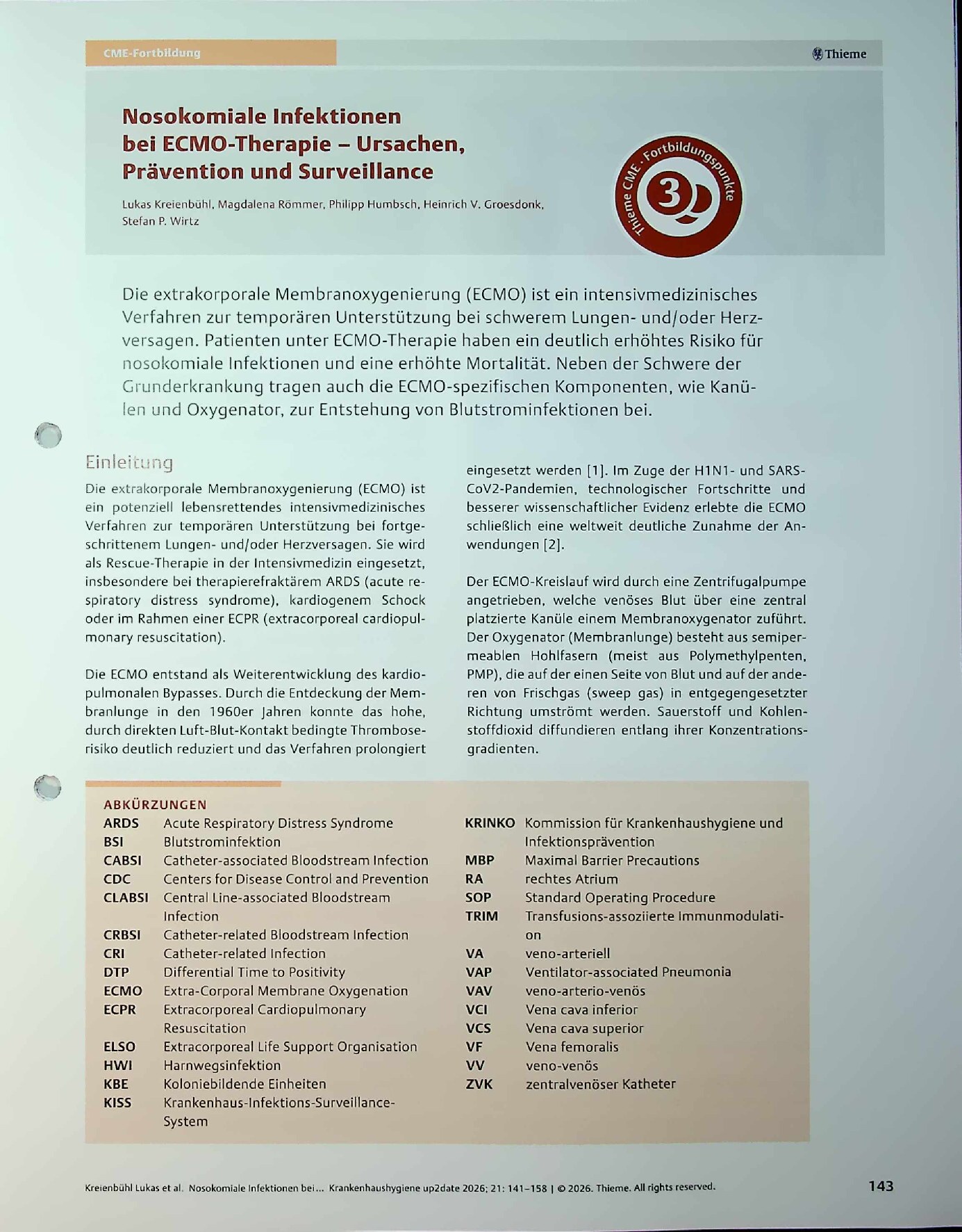 Vorschauseite 1: Nosokomiale Infektionen bei ECMO-Therapie – Ursachen, Prävention und Surveillance
