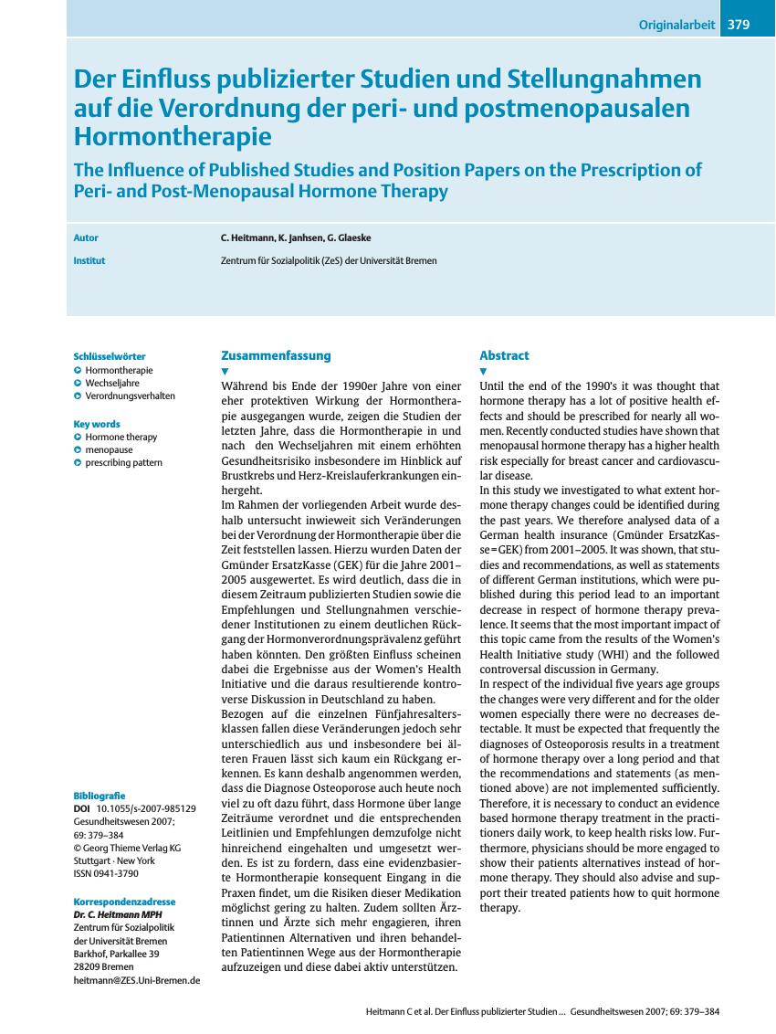 Vorschauseite 1: Der Einfluss publizierter Studien und Stellungnahmen auf die Verordnung der periund postmenopausalen Hormontherapie