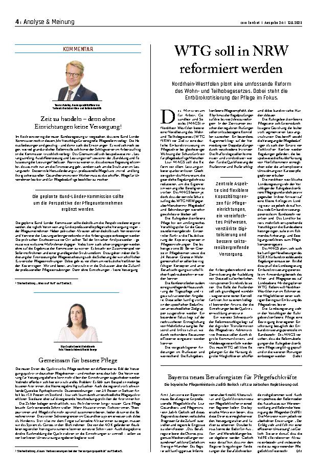 Vorschauseite 1: WTG soll in NRW reformiert werden.