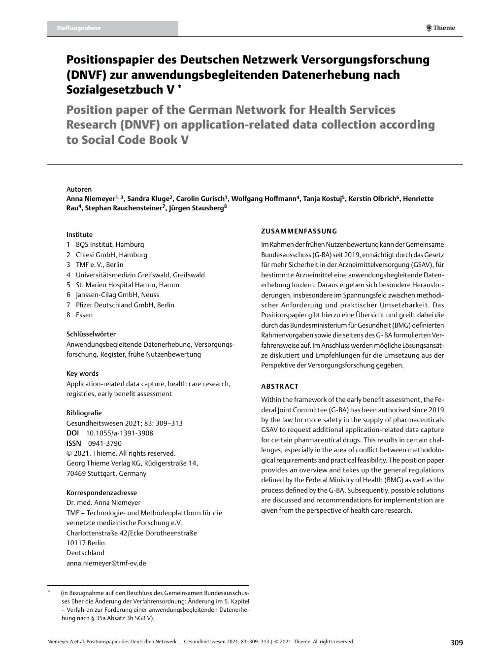 Vorschauseite 1: Positionspapier des Deutschen Netzwerks Versorgungsforschung (DNVF) zur anwendungsbegleitenden Datenerhebung nach Sozialgesetzbuch V