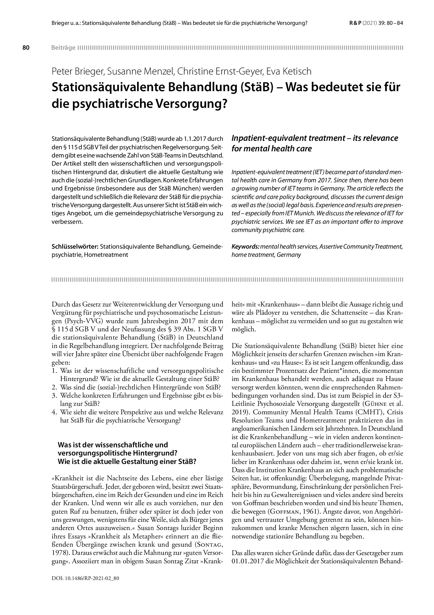 Vorschauseite 1: Stationsäquivalente Behandlung (StäB) – Was bedeutet sie für die psychiatrische Versorgung?