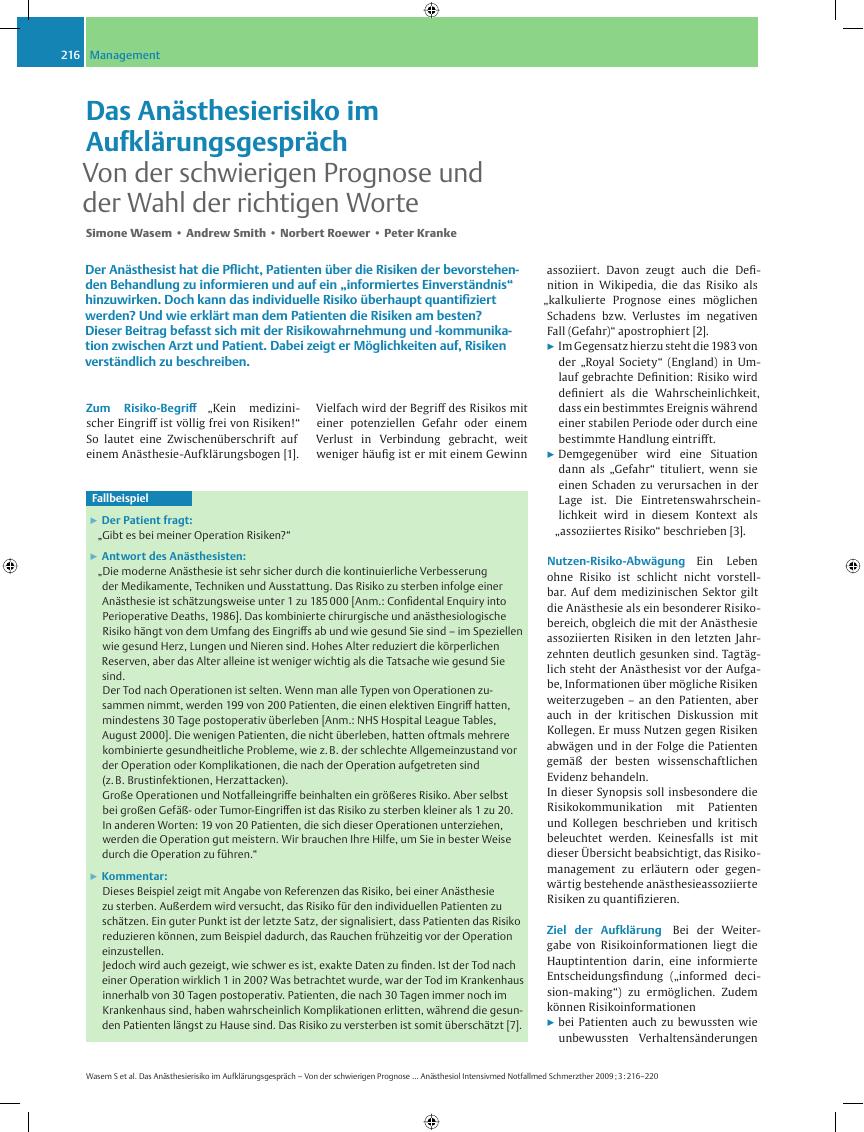 Vorschauseite 1: Das Anästhesierisiko im Aufklärungsgespräch – Von der schwierigen Prognose und der Wahl der richtigen Worte