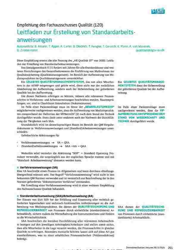 Vorschauseite 1: Empfehlung des Fachausschusses Qualität (120) Leitfaden zur Erstellung von Standardarbeitsanweisungen