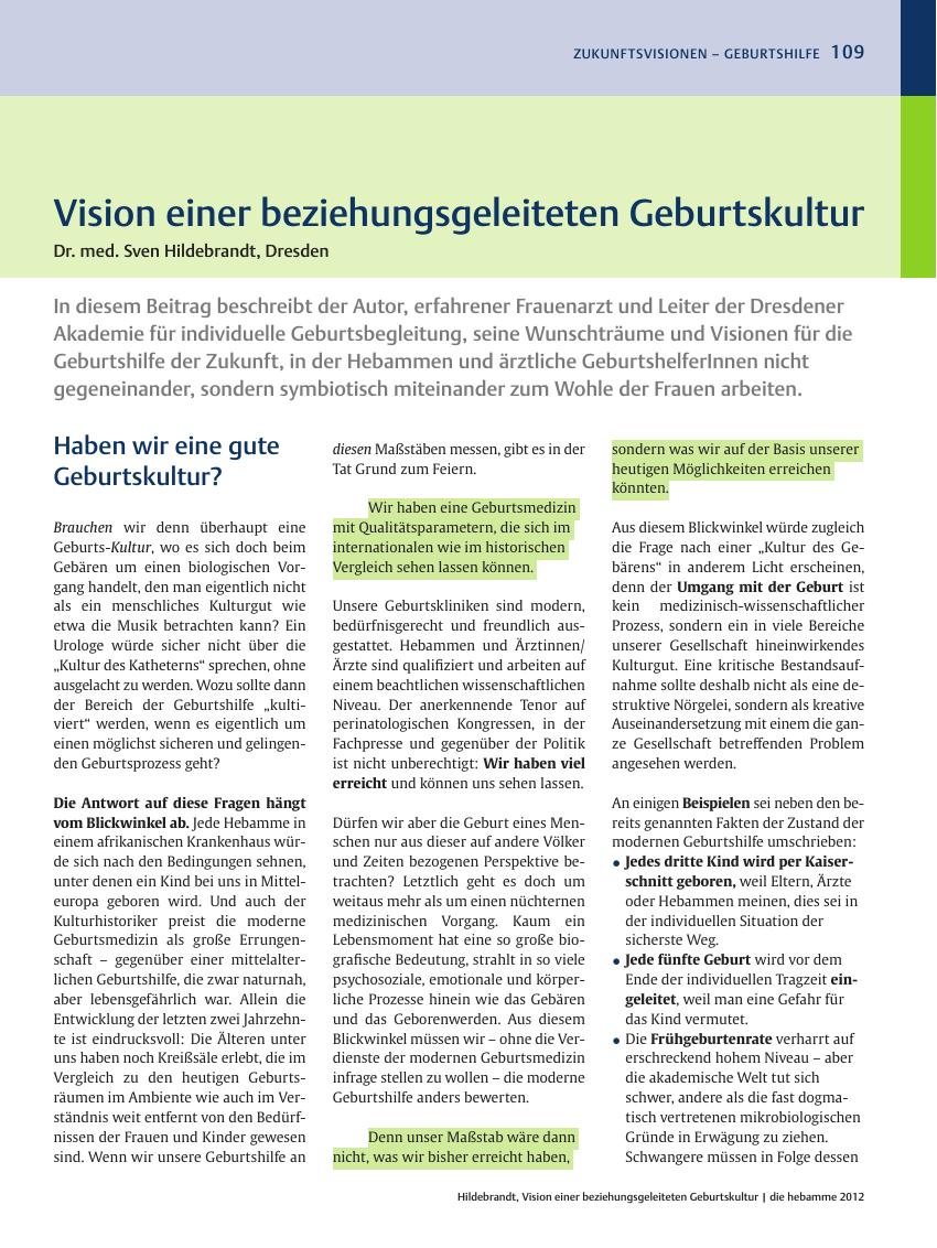 Vorschauseite 1: Vision einer beziehungsgeleiteten Geburtskultur