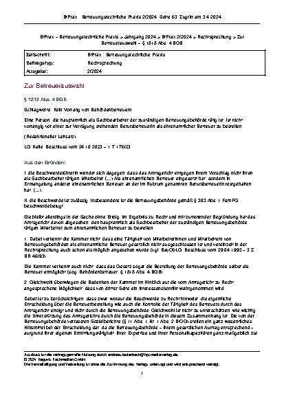 Vorschauseite 1: Zur Betreuerauswahl Schlagworte: Kein Vorrang von Behördenbetreuern.