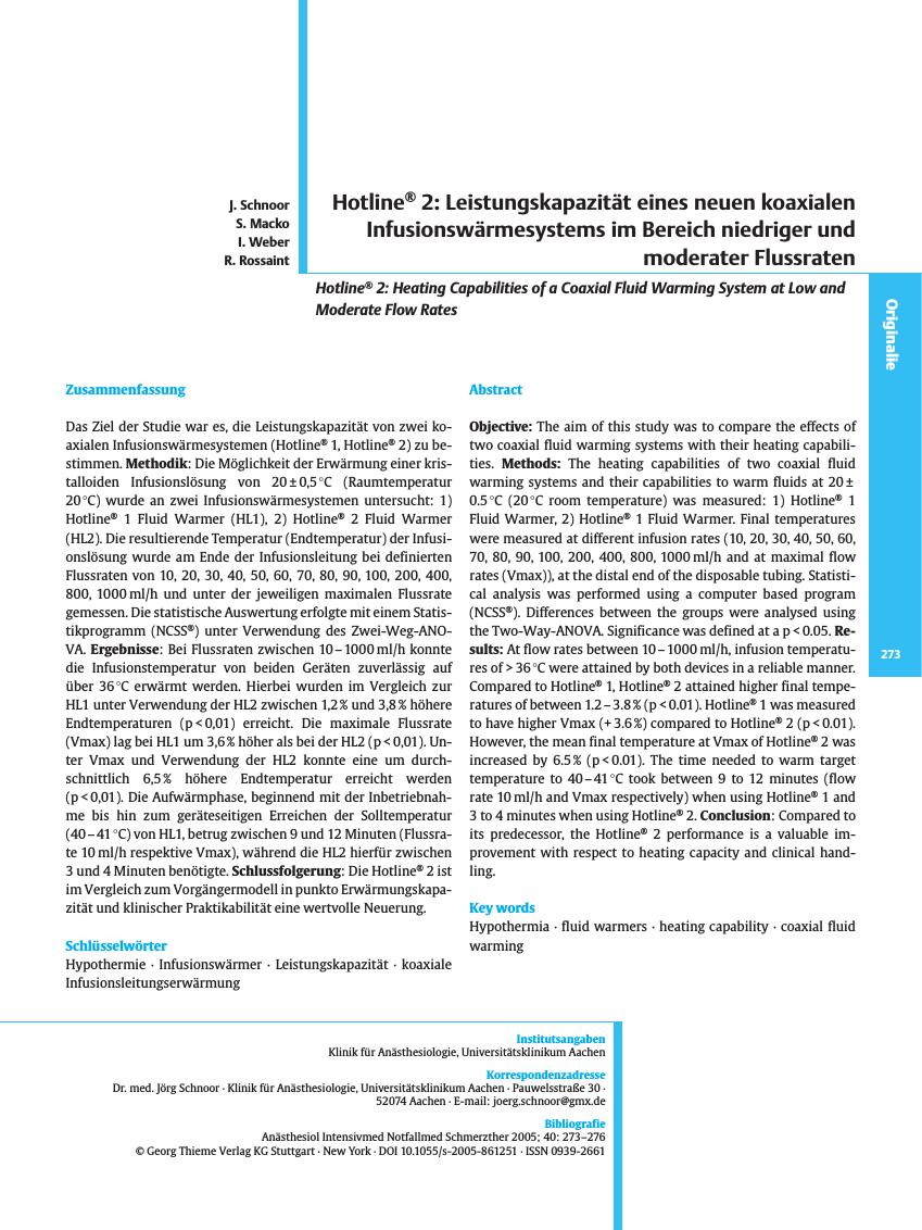 Vorschauseite 1: Hotline® 2: Leistungskapazität eines neuen koaxialen Infusionswärmesystems im Bereich niedriger und moderater Flussraten