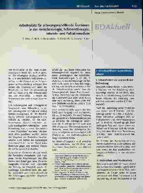 Vorschauseite 1: Arbeitsplatz für schwangere/stillende Ärztinnen in der Anästhesiologie, Schmerztherapie, Intensivund Palliativmedizin
