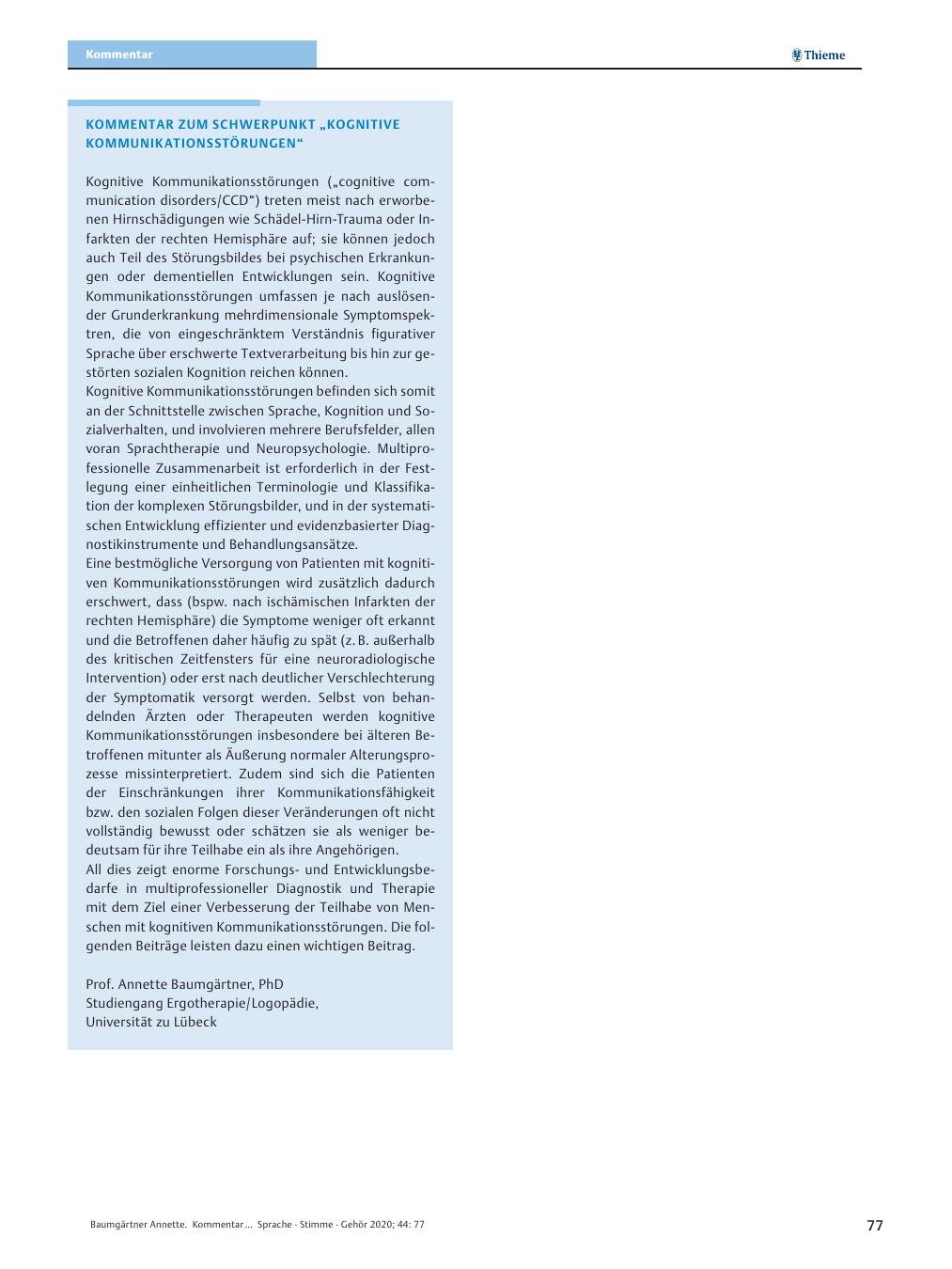 Vorschauseite 1: Kommentar zum Schwerpunkt „Kognitive Kommunikationsstörungen“
