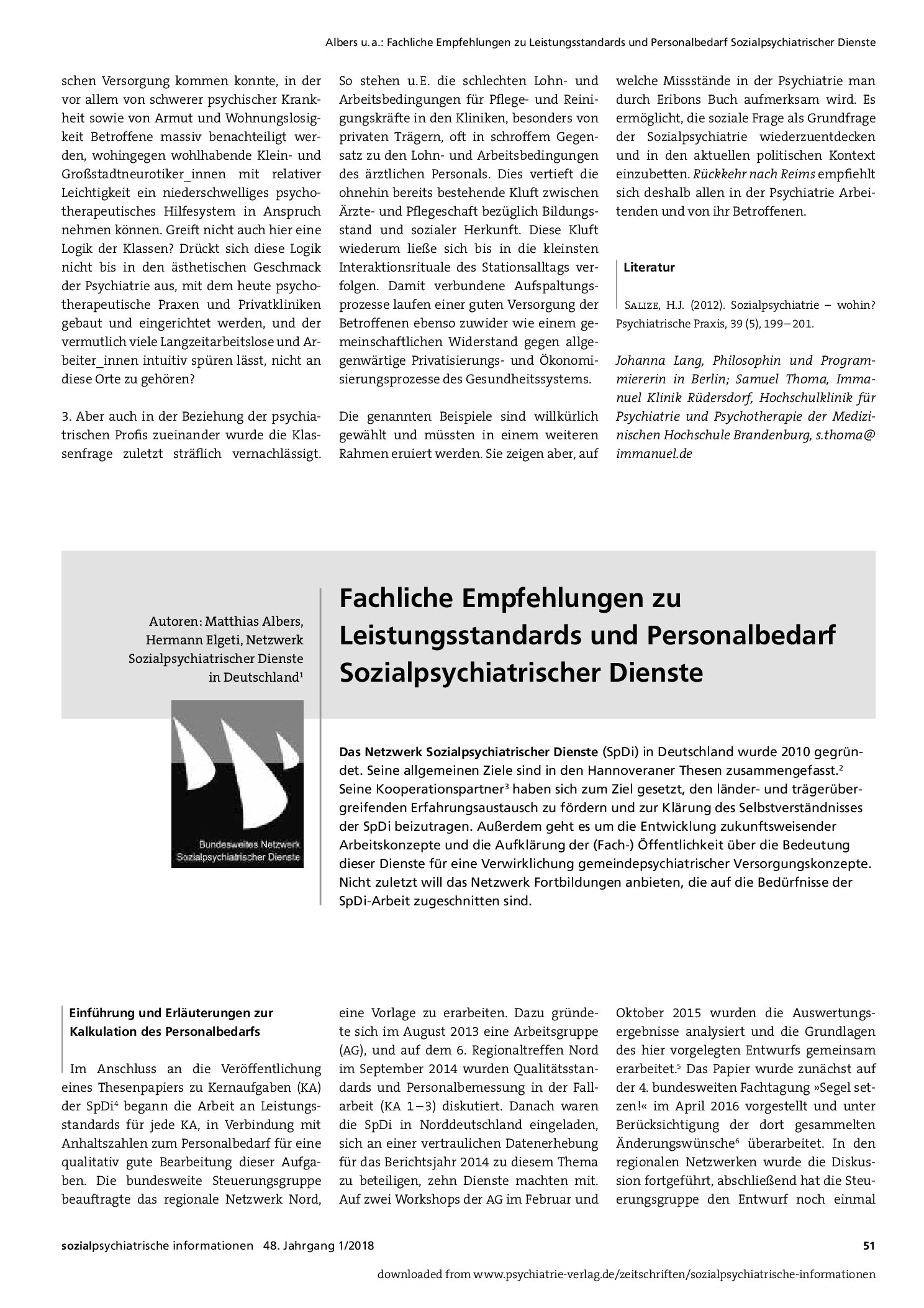 Vorschauseite 1: Fachliche Empfehlungen zu Leistungsstandards und Personalbedarf sozialpsychiatrischer Dienste