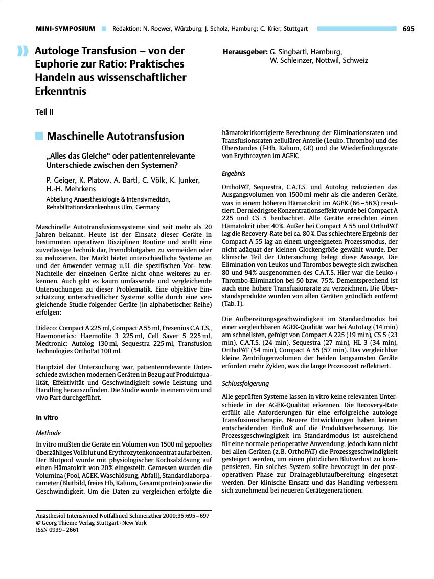 Vorschauseite 1: Haemodilution and Coagulation: A Caveat
