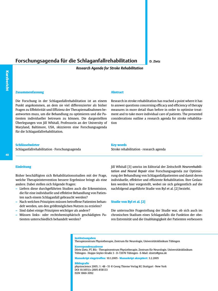 Vorschauseite 1: Forschungsagenda für die Schlaganfallrehabilitation