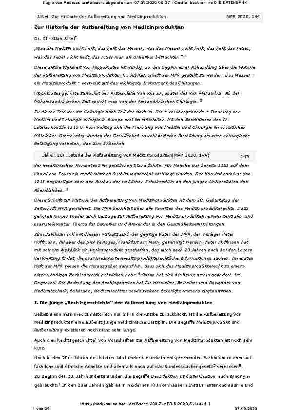 Vorschauseite 1: Zur Historie der Aufbereitung von Medizinprodukten