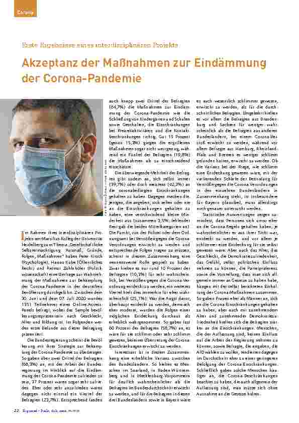 Vorschauseite 1: Erste Ergebnisse eines interdisziplinären Projekts: Akzeptanz der Maßnahmen zur Eindämmung der Corona-Pandemie.