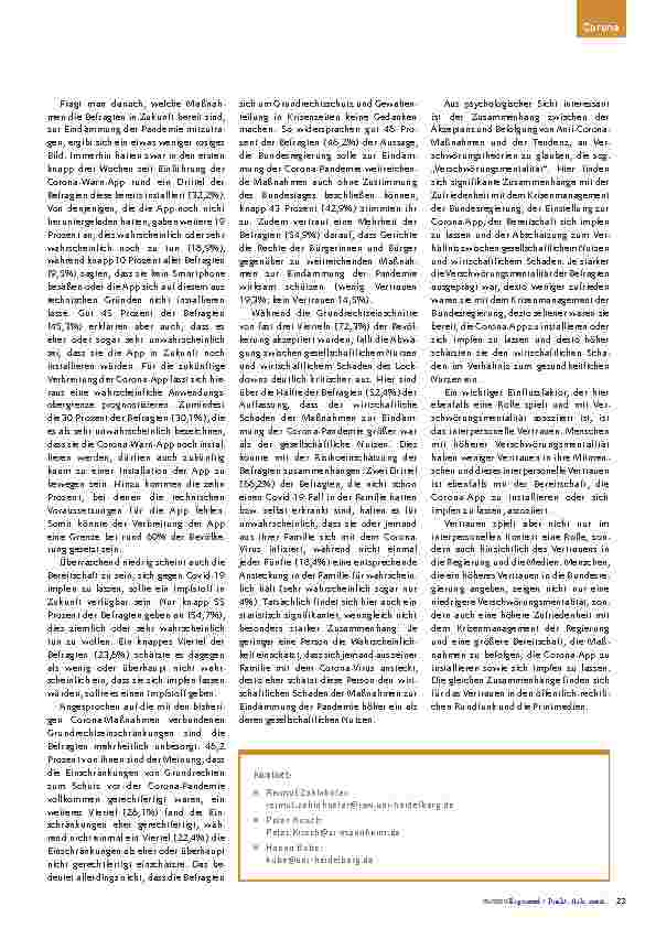 Vorschauseite 2: Erste Ergebnisse eines interdisziplinären Projekts: Akzeptanz der Maßnahmen zur Eindämmung der Corona-Pandemie.